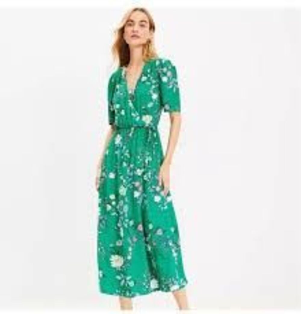 Loft One Piece Flowy Jumpsuit Kelly Green Floral Vacation Resortwear Size 12